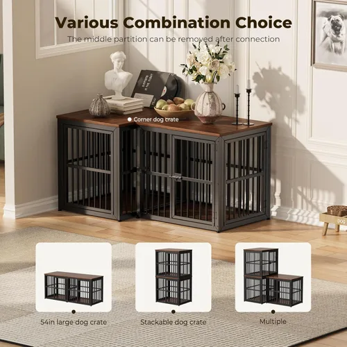 Miniatura 2 de Lyromix Mueble de jaula para perros de 27'' con 3 puertas, mesa auxiliar de jaula de madera resistente, jaula interior para cachorros para perros