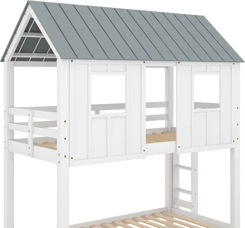 Miniatura 8 de JIVOIT Litera de madera con diseño de techo y ventanas, litera individual sobre individual con nido y escalera integrada para niños, adolescentes