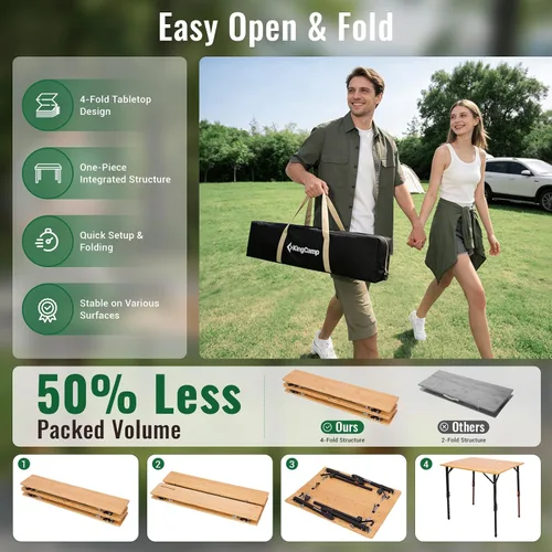 Miniatura 7 de KingCamp Mesa plegable de bambú, 4 pliegues, altura ajustable, portátil, para exteriores, ligera y compacta, con marco de aluminio para caravana