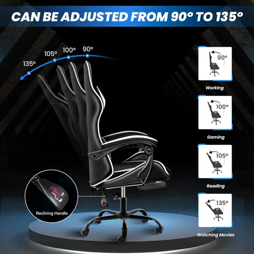 Miniatura 4 de YSSOA Silla para videojuegos, silla de computadora con reposapiés, altura ajustable y función de inclinación de 90° a 135°, silla reclinable