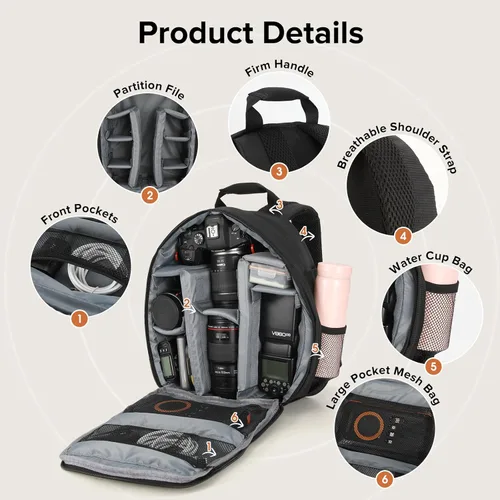 Miniatura 6 de Mochila para cámara pequeña - Impermeable Profesional DSLR Cámara Bolsa Mochila de fotografía con interior personalizable, para Canon Nikon Sony