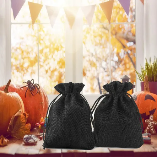 Miniatura 6 de 50 bolsas de regalo de arpillera con cordón de 2.7 x 3.5 pulgadas, bolsas de yute para joyas, bolsas de lino, Halloween, bodas, fiestas, bolsas