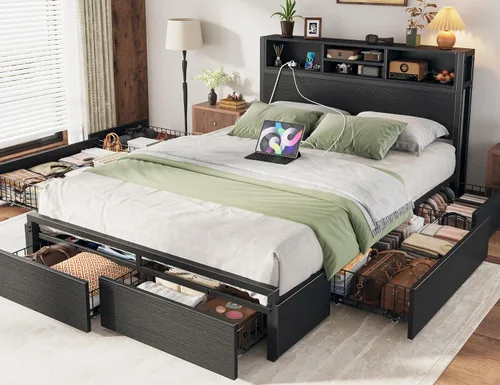Miniatura 6 de EnHomee Base de cama de tamaño matrimonial con 6 cajones de almacenamiento, cabecera y estación de carga, cama de plataforma de metal sin ruido,