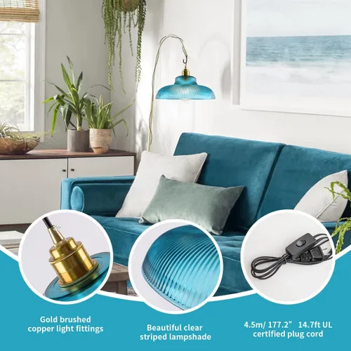 Miniatura 3 de Lámpara colgante enchufable de cristal azul, lámpara colgante dorada de altura ajustable con interruptor de encendido/apagado de cable de 14.7 pies