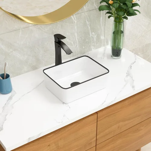 Miniatura 29 de Lordear Lavabo Rectangular de Baño Tipo Vasija 24X14 Pulgadas Lavabos de Baño Blancos de 24 Pulgadas con Borde Negro Lavabo de Cerámica Sobre