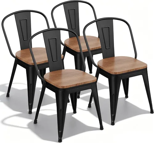 Sillas de comedor de metal de 18 pulgadas, juego de 4 sillas de granja Arlunar, sillas de comedor negras apilables con respaldo y asiento de madera,