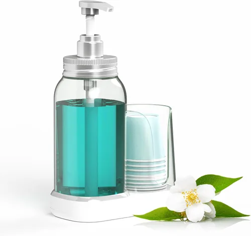 Dispensador de enjuague bucal Luvan para baño, botella de bomba de enjuague bucal de 25 oz con portavasos, recipiente de enjuague bucal transparente