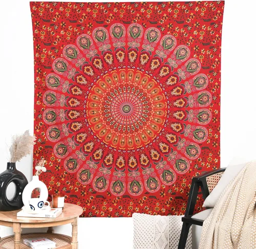 Miniatura 11 de RAJRANG Tapiz de Mandala de Pavo Real Hippie para Colgar en la Pared 90 x 84 pulgadas Tapices Decorativos Trippy Bohemios Indios Hechos a Mano