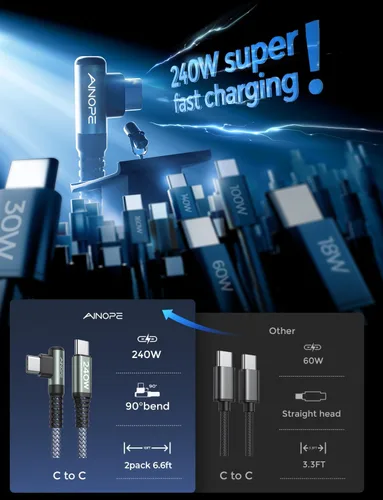 Miniatura 2 de AINOPE Cable USB C a USB C de 240W (6.6 pies, paquete de 2, USB C Chubby) Cable de carga rápida USB C a USB C, cable cargador USB C en ángulo recto