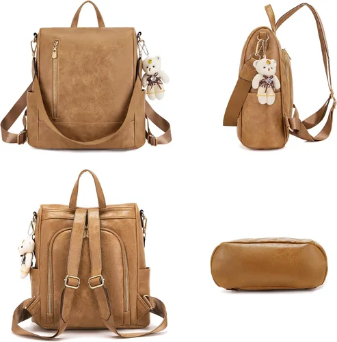 Miniatura 3 de Soperwillton Mochila de moda para mujer, bolso de hombro de cuero antirrobo, bolsa de viaje, múltiples bolsillos, cartera, juego de 3 piezas