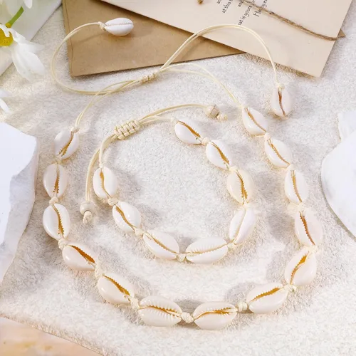 Miniatura 4 de Juego de collar y pulsera de concha natural para mujer, hecho a mano, gargantilla ajustable con concha natural