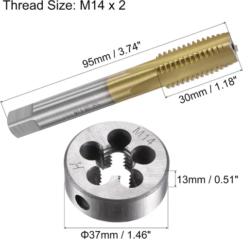 Miniatura 2 de uxcell Juego de roscas métricas M14 x 2, HSS (acero de alta velocidad) chapado en titanio para máquina de rosca recta de flauta roscada, troquel