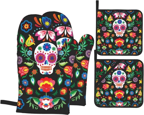 Miniatura 10 de Juego de 4 manoplas de horno y soportes para ollas de camuflaje de camuflaje, guantes resistentes al calor para cocina, hornear, asar a la parrilla