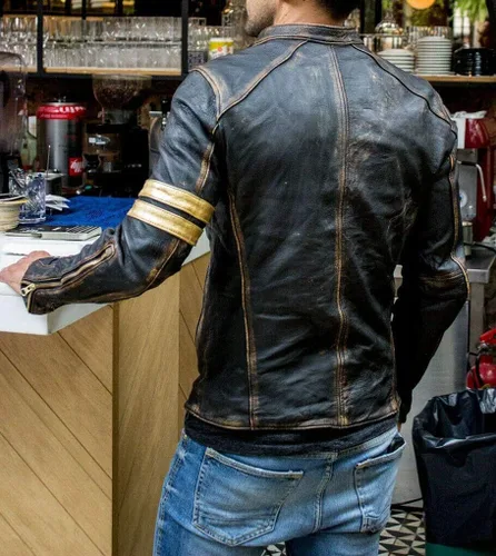 Miniatura 2 de Chaqueta de cuero negro envejecida para hombre, Negro