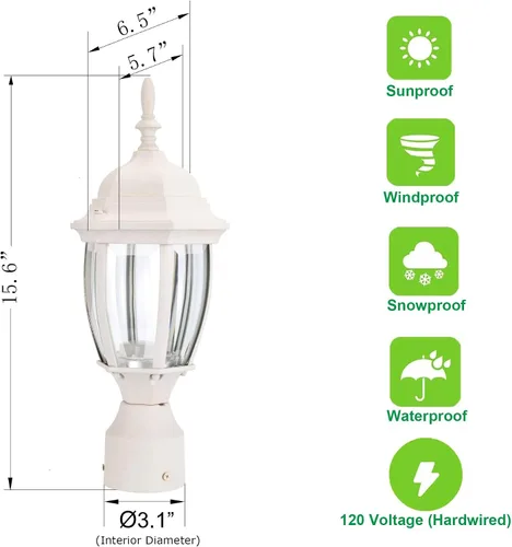 Miniatura 5 de LIT-PaTH Accesorio de iluminación LED para exteriores, farol de poste, 9.5 W, 800 lúmenes, blanco cálido de 3000 K, carcasa de aluminio más vidrio