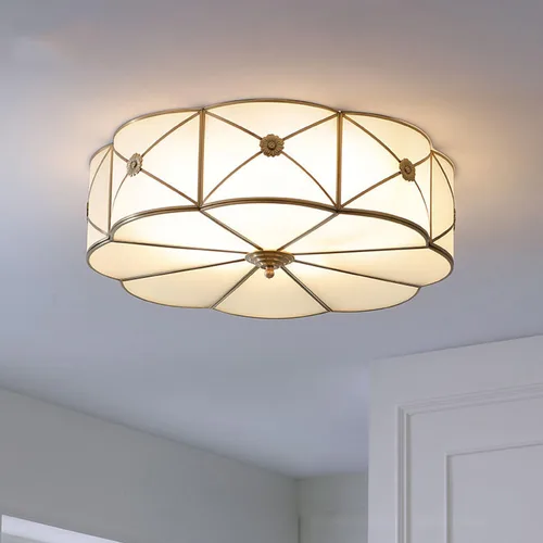 Lámpara de techo empotrada de latón de mediados de siglo, lámpara de techo LED de latón y vidrio de 6 luces, pantalla de vidrio esmerilado, luz Flor