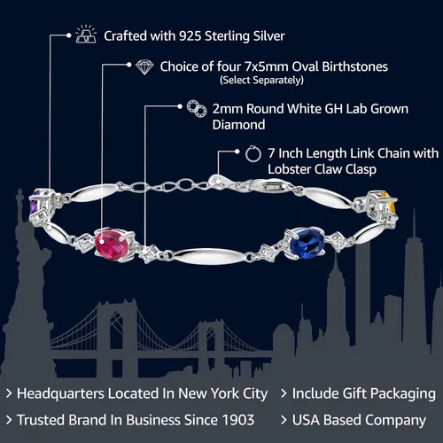 Miniatura 2 de Gem Stone King Pulsera de plata de ley 925 personalizada y personalizada con piedra natal de 4 piedras preciosas y diamantes blancos cultivados