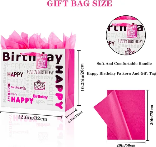 Miniatura 2 de JWSCYSY Bolsa de regalo grande de color blanco y rojo rosa con papel de seda, bolsa de regalo de feliz cumpleaños para niñas y mujeres, 12.6 x 10.25