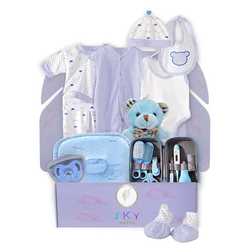 Sky Bliss Set de regalo para bebé de 20 piezas (azul), juego de regalo para bebé recién nacido, ropa de bebé, oso de peluche, chupete, kit de aseo