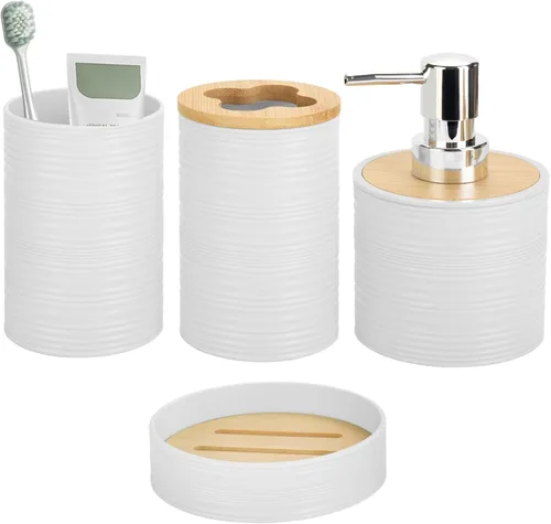 Miniatura 13 de Juego de accesorios de baño de bambú de 4 piezas, juego de accesorios de baño con dispensador de jabón y soporte para cepillos de dientes, jabonera