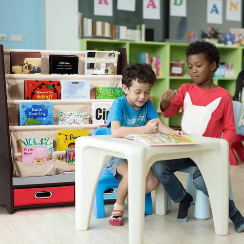 Miniatura 8 de HONEY JOY Estante para libros para niños con 2 contenedores de almacenamiento, estantería de madera para niños pequeños con 4 estantes de eslinga