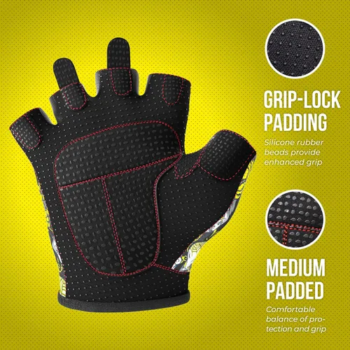 Miniatura 3 de Contraband Pink Label 5237 - Guantes de entrenamiento de diseñador para mujer, estampado de calavera de azúcar y acolchado Grip-Lock™ (amarillo, M)