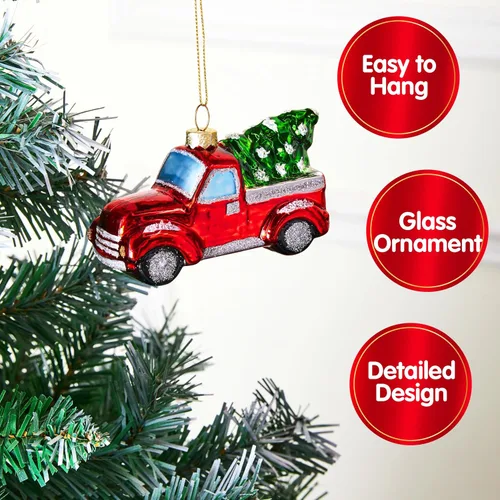 Miniatura 2 de Joiedomi Adornos Navideños Mini de Camión Rojo con Árbol, Adorno Pequeño y Divertido de Vidrio Soplado para Colgar en Árbol de Navidad, Decoraciones