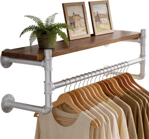 Miniatura 13 de WEBI Perchero de pared con estante, perchero industrial de 24 pulgadas con estantes, barra de ropa de hierro resistente, barra de ropa de exhibición