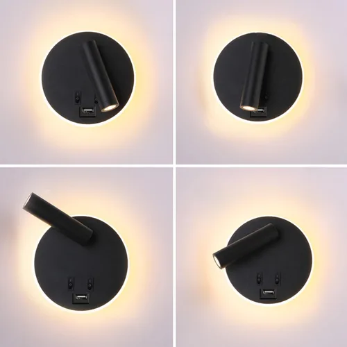 Miniatura 4 de Puerto de carga USB, luz de lavado de pared, luz LED negra con pared interior, foco ajustable, lámpara de lectura, lámpara de pared para dormitorio
