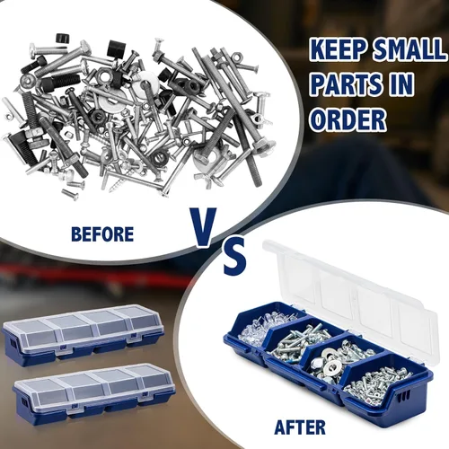 Miniatura 4 de Hushee Caja organizadora de tornillos de 4 piezas con tapa, 4 compartimentos, organizador de piezas pequeñas, de plástico, apilable, tuercas y Azul