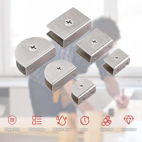 Miniatura 7 de MroMax 12PCS 1.1" x 0.87" x 0.47" (LxWxH) Soporte de estante de vidrio semicírculo ajustable acero inoxidable puerta gabinete clip plateado