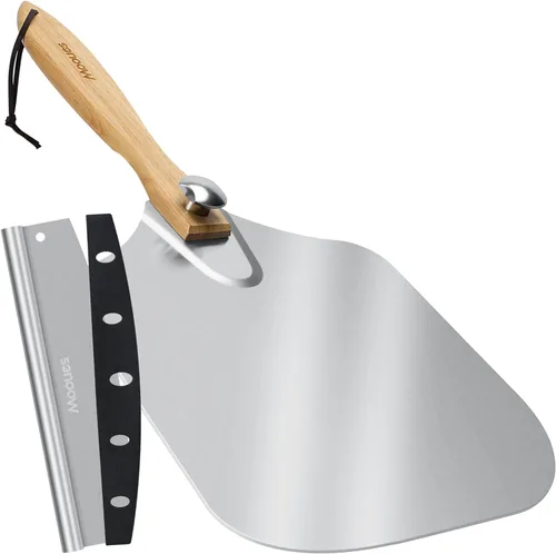 Pala de Pizza de Aluminio, Espátula de Pizza de Metal de 9 pulgadas (13" x 9") con Cortador Basculante, Mango de Madera Plegable, [Bolsa de
