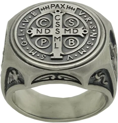Miniatura 5 de Anillo de plata de ley 925 de San Benito para hombre, exorcismo católico cristiano, protección demoníaca