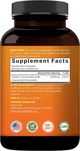 Miniatura 7 de NatureBell Vitamina C liposomal 2,000 mg por porción, 240 cápsulas Vitaminas solubles en grasa de alta absorción – Suplemento antioxidante