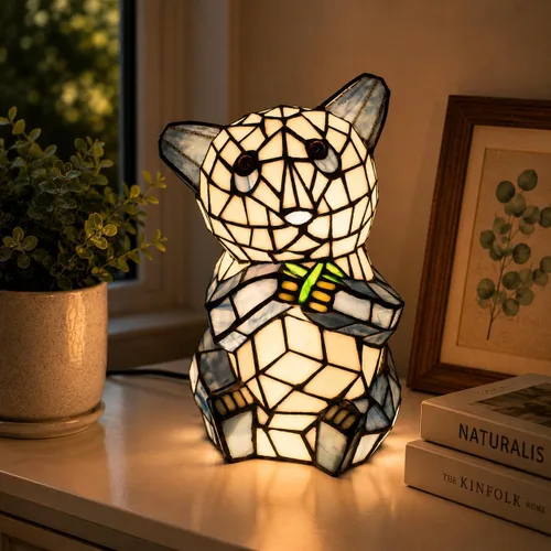 Miniatura 2 de Bieye L10831 Oso Panda Sentado Comiendo Disparos de Bambú Estilo Tiffany Lámpara de mesa de acento de vidrieras Luz de noche para decoración