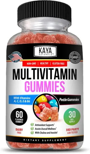 Kaya Naturals Gomitas multivitamínicas para adultos, biotina, vitamina A, C y E, incluyendo zinc y vitamina B-12, ácido fólico, sabor a fresa |