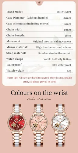 Miniatura 5 de OLEVS Relojes automáticos para mujer, reloj de vestir de lujo con diamantes para mujer, correa de cerámica de cuerda automática, impermeable, juego