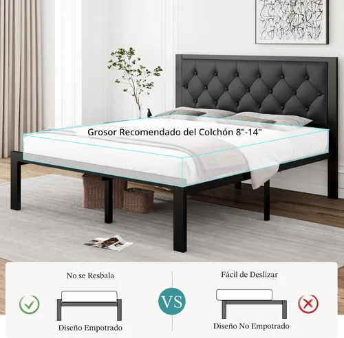 Miniatura 7 de iPormis Marco de cama de metal tamaño Queen, plataforma de piel sintética con cabecera capitoné con botones, espacio debajo de la cama de 12 Negro