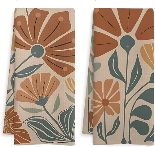Groovy - Juego de 2 toallas de cocina vintage bohemias, florales naranjas y verdes, estilo retro de los años 70, diseño botánico botánico de