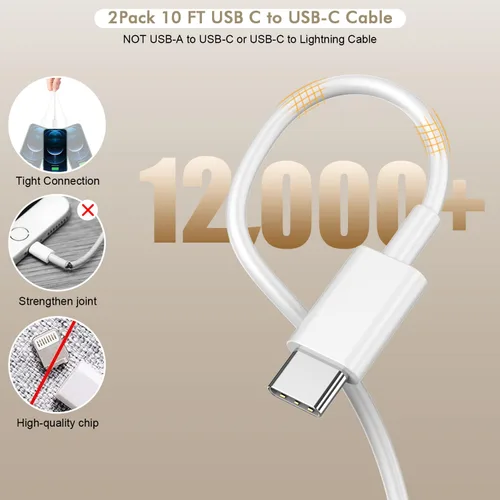 Miniatura 5 de Cargador para iPhone 16 y 15 de carga rápida, paquete de 2 cables USBC a C de 10 pies extra largo con 20 W Apple iPad USB C cargador rápido USB C