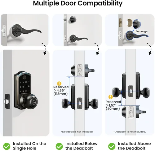 Miniatura 9 de Veise VE018 - Cerradura de manija inteligente de perilla, huella digital, control de aplicación, entrada sin llave para puerta delantera y Negro