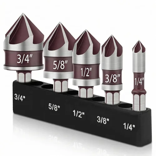 Juego de 5 brocas avellanadoras de 82 grados HSS 5 flautas para fregadero, tamaño de 1/4 a 3/4 pulgadas con vástago hexagonal de 1/4 pulgadas para