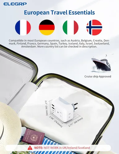 Miniatura 4 de ELEGRP Adaptador de enchufe de viaje europeo, convertidor de adaptador de enchufe de EE. UU. a Europa con dos puertos USB-A y dos puertos USB-C