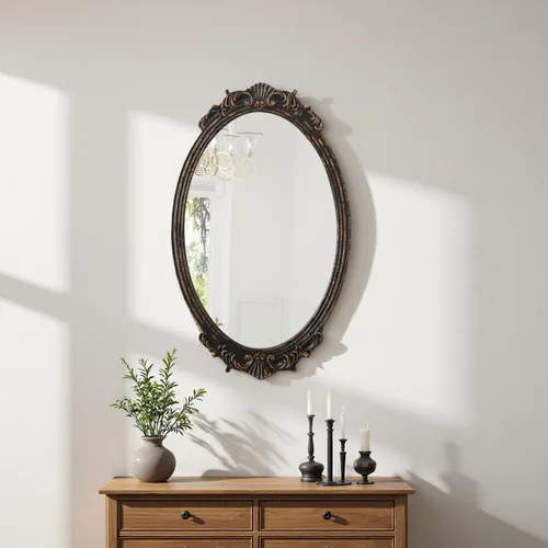 Espejo ovalado barroco antiguo para pared de 30 x 18 pulgadas, acabado envejecido para colgar, marco de madera negra, espejos vintage para baño,