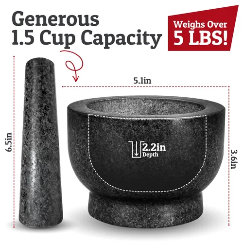Miniatura 3 de PriorityChef - Juego grande de mortero y mortero, 1.5 tazas, mortero de granito 100% natural y cuenco de molinillo de piedra de mortero, cuenco
