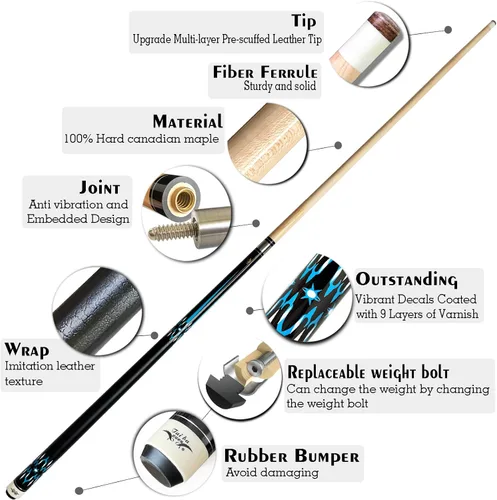 Miniatura 3 de Tai ba cues Taco de billar profesional de 2 piezas + estuche rígido, punta de 0.512 in, 58 pulgadas, palo de billar profesional de madera dura