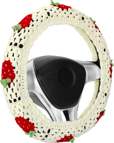 Juego de fundas de ganchillo para volante, bonita funda bohemia para volante de automóvil de 14 a 15 pulgadas, patrón cuadrado de fresa blanca,