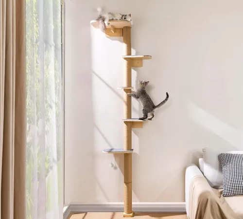 Miniatura 12 de Estantes de pared para gatos para gatitos, árbol para gatos de piso a techo de 83 pulgadas con almohadillas de felpa grises, árbol de escalada