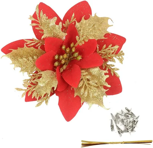 Miniatura 6 de Gardeningwill Paquete de 12 adornos colgantes dorados de 5 pulgadas con forma de flor con purpurina para fiestas
