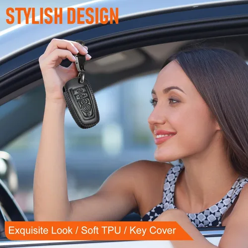 Miniatura 8 de Slohif Funda de cuero para llavero Ford para Edge Escape Expedition Explorer Fusion Mustang Ranger F-150 F-250 5 botones, funda de cuero+anillo en D